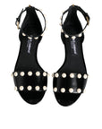 Dolce & Gabbana Black Leather Pearls Ankle Strap Sandals Shoes