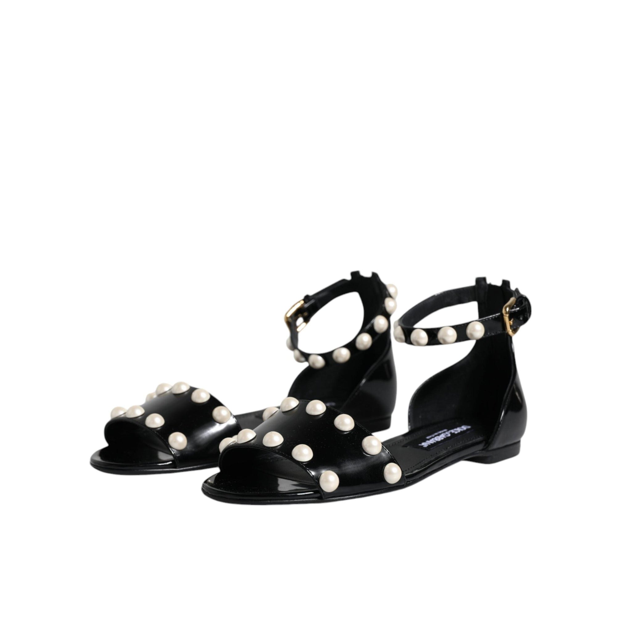 Dolce & Gabbana Black Leather Pearls Ankle Strap Sandals Shoes