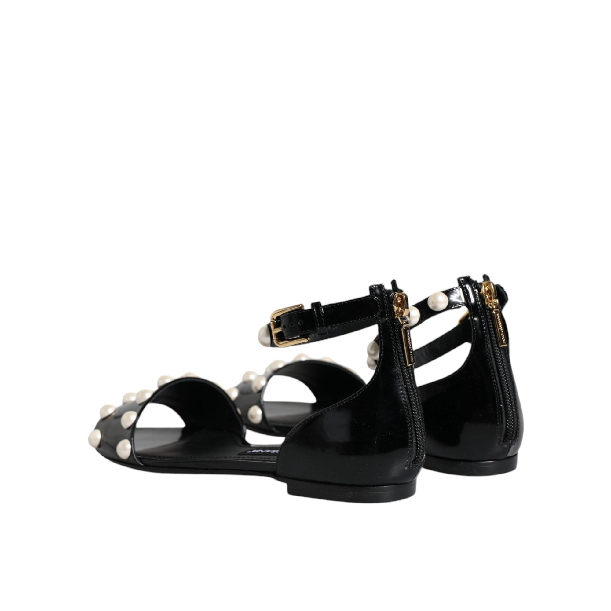 Dolce & Gabbana Black Leather Pearls Ankle Strap Sandals Shoes
