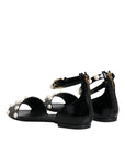 Dolce & Gabbana Black Leather Pearls Ankle Strap Sandals Shoes