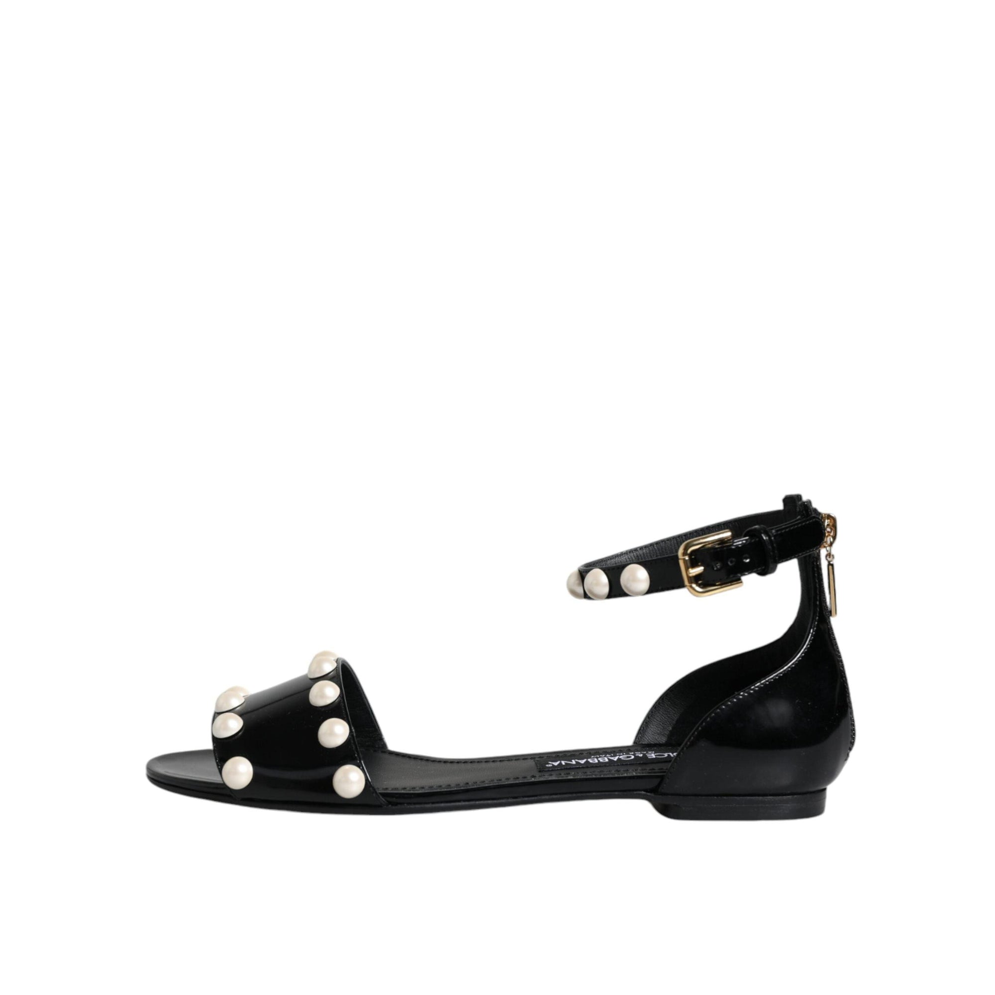 Dolce & Gabbana Black Leather Pearls Ankle Strap Sandals Shoes