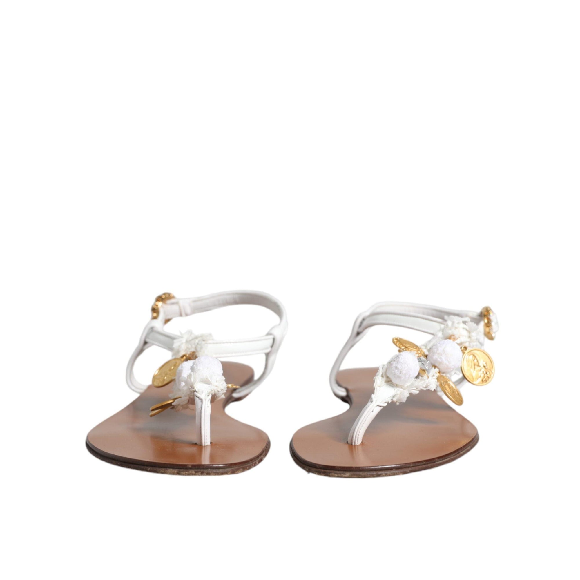 Dolce & Gabbana White Leather Coins Flip Flops Sandals Shoes