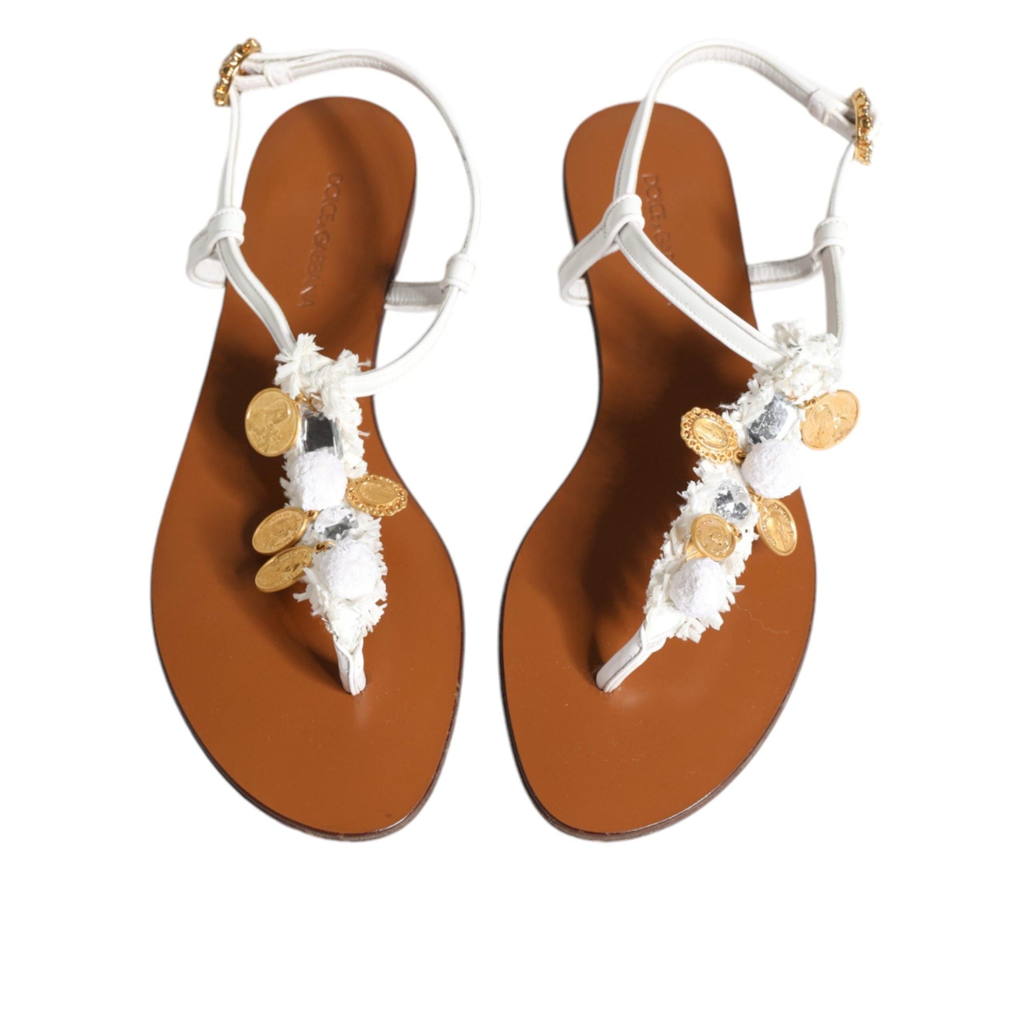 Dolce & Gabbana White Leather Coins Flip Flops Sandals Shoes