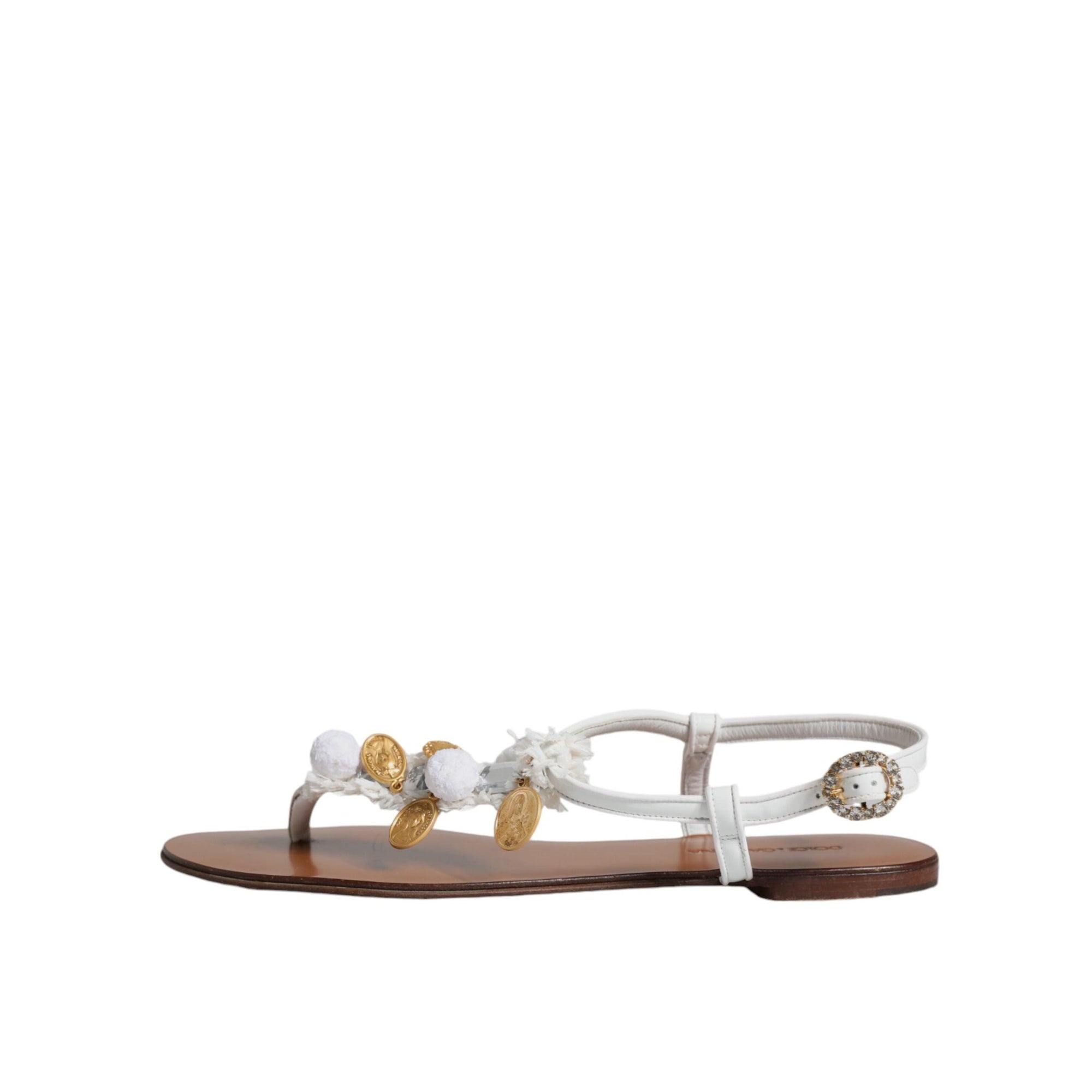 Dolce & Gabbana White Leather Coins Flip Flops Sandals Shoes