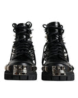 Dolce & Gabbana Black Leather Studded Trekking Boots Shoes