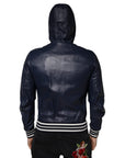 Dolce & Gabbana Blue Leather Full Zip Hooded Bomber Jacket