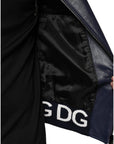 Dolce & Gabbana Blue Leather Full Zip Hooded Bomber Jacket