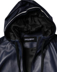 Dolce & Gabbana Blue Leather Full Zip Hooded Bomber Jacket