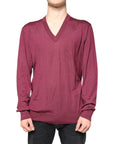 Dolce & Gabbana Maroon Cashmere V-neck Men Pullover Sweater