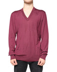 Dolce & Gabbana Maroon Cashmere V-neck Men Pullover Sweater
