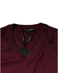 Dolce & Gabbana Maroon Cashmere V-neck Men Pullover Sweater