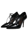Dolce & Gabbana Black Leather T-strap Stiletto Heels Shoes
