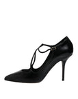 Dolce & Gabbana Black Leather T-strap Stiletto Heels Shoes