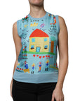 Dolce & Gabbana Blue Drawing Cashmere Sleeveless Tank Top