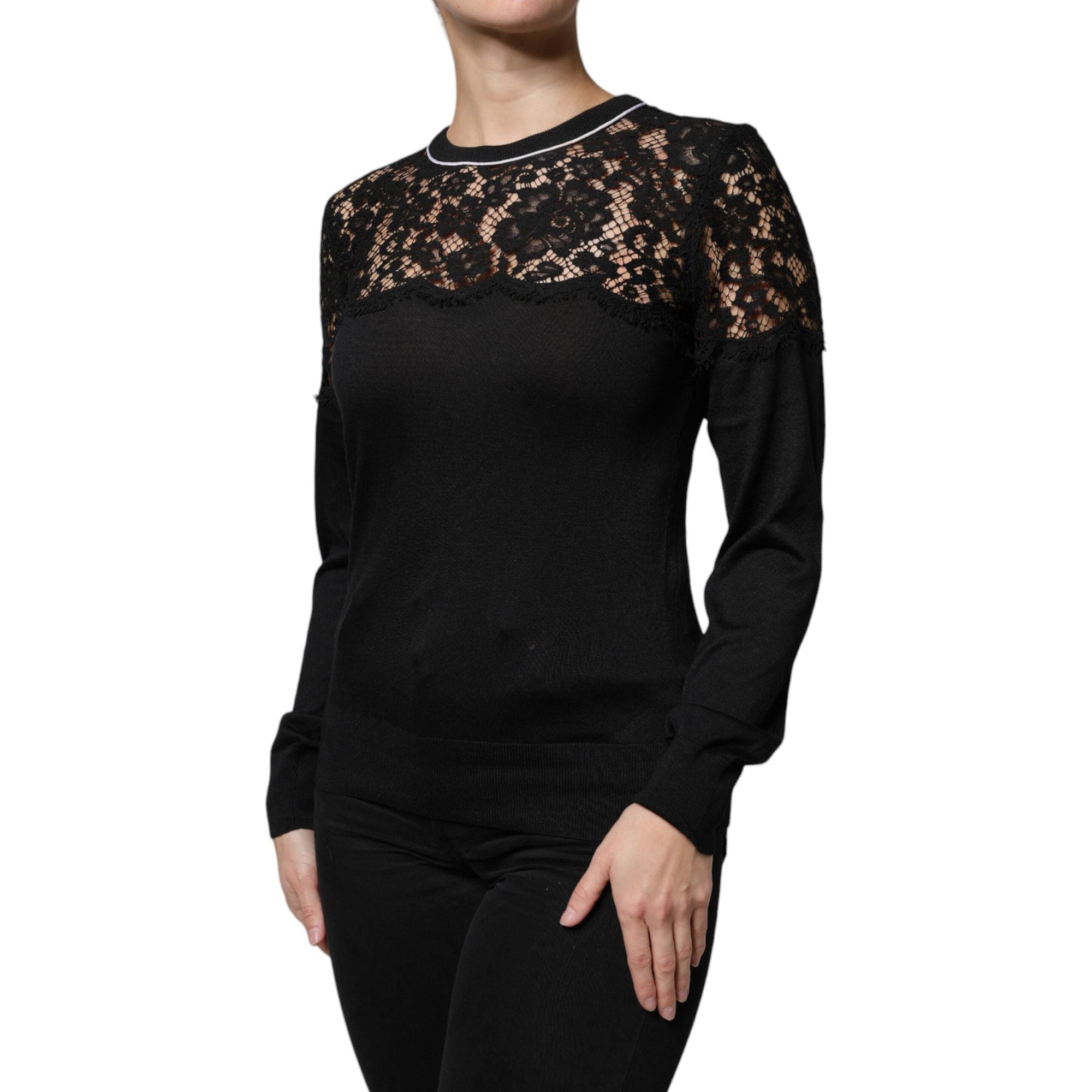 Dolce & Gabbana Black Floral Lace Silk Pullover Blouse Top