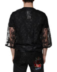 Dolce & Gabbana Black Nylon Floral Lace Crew Neck T-shirt