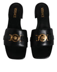 Versace Black Leather Logo Plaque Slip On Slides Flats Shoes