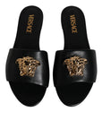 Versace Black Leather Logo Plaque Slip On Slides Flats Shoes