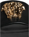 Versace Black Leather Logo Plaque Slip On Slides Flats Shoes