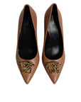 Versace Brown Leather Logo Plaque High Heels Pumps Shoes
