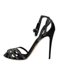 Dolce & Gabbana Black Strass Ankle Strap Heels Sandals Shoes
