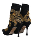 Dolce & Gabbana Black Gold Embroidery Slip On Boots Shoes
