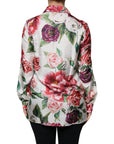 Dolce & Gabbana White Peony Silk Long Sleeves Collared Blouse Top