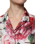 Dolce & Gabbana White Peony Silk Long Sleeves Collared Blouse Top