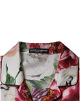 Dolce & Gabbana White Peony Silk Long Sleeves Collared Blouse Top