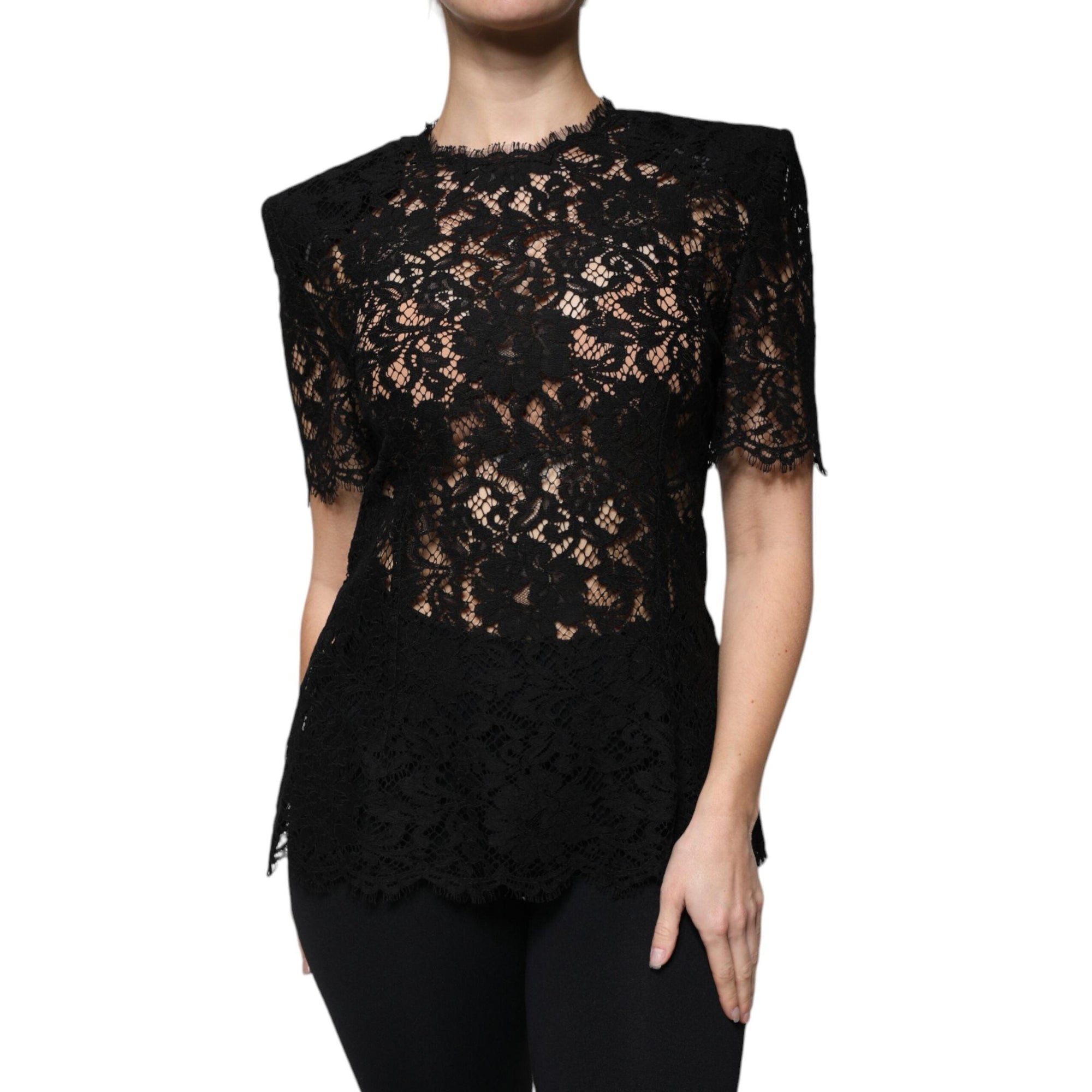 Dolce & Gabbana Black Floral Lace Short Sleeves Blouse Top