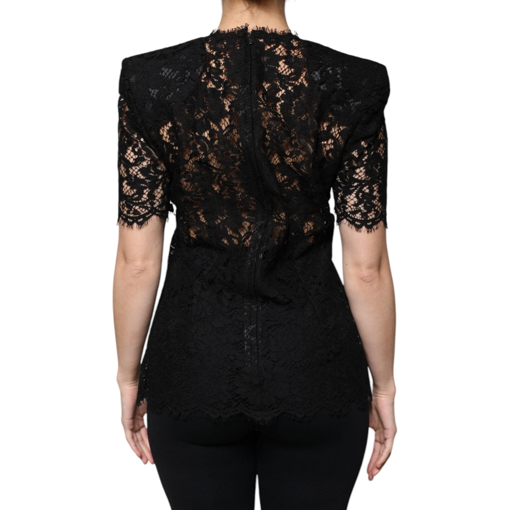 Dolce & Gabbana Black Floral Lace Short Sleeves Blouse Top
