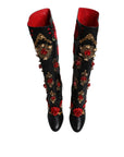 Dolce & Gabbana Black Roses Embellished Leather Heel Boots Shoes