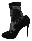 Dolce & Gabbana Black Tulle Stretch Floral Booties Shoes