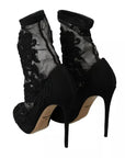 Dolce & Gabbana Black Tulle Stretch Floral Booties Shoes