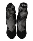 Dolce & Gabbana Black Tulle Stretch Floral Booties Shoes
