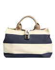 Dolce & Gabbana White Navy Striped Canvas Top Handle Tote Bag