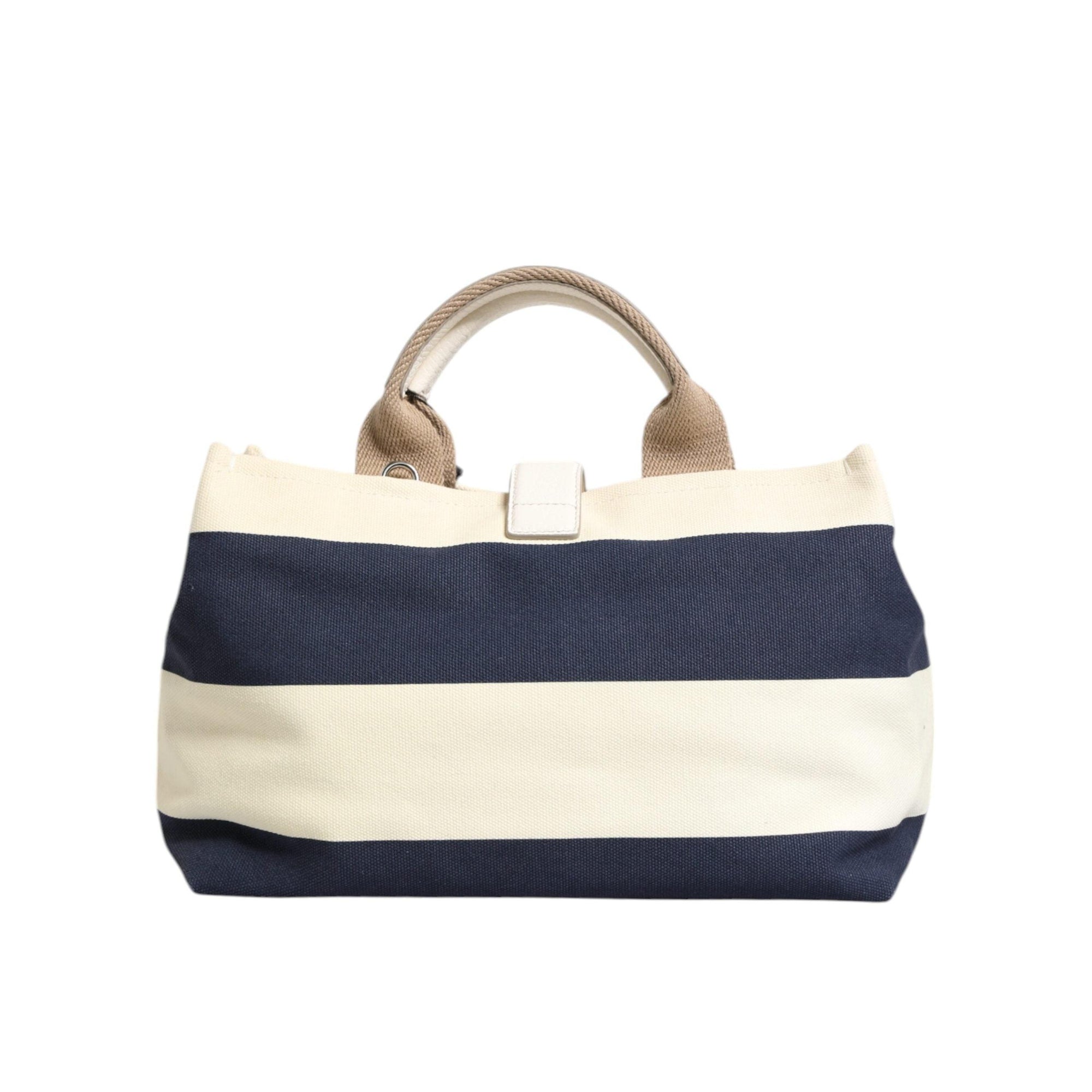Dolce & Gabbana White Navy Striped Canvas Top Handle Tote Bag