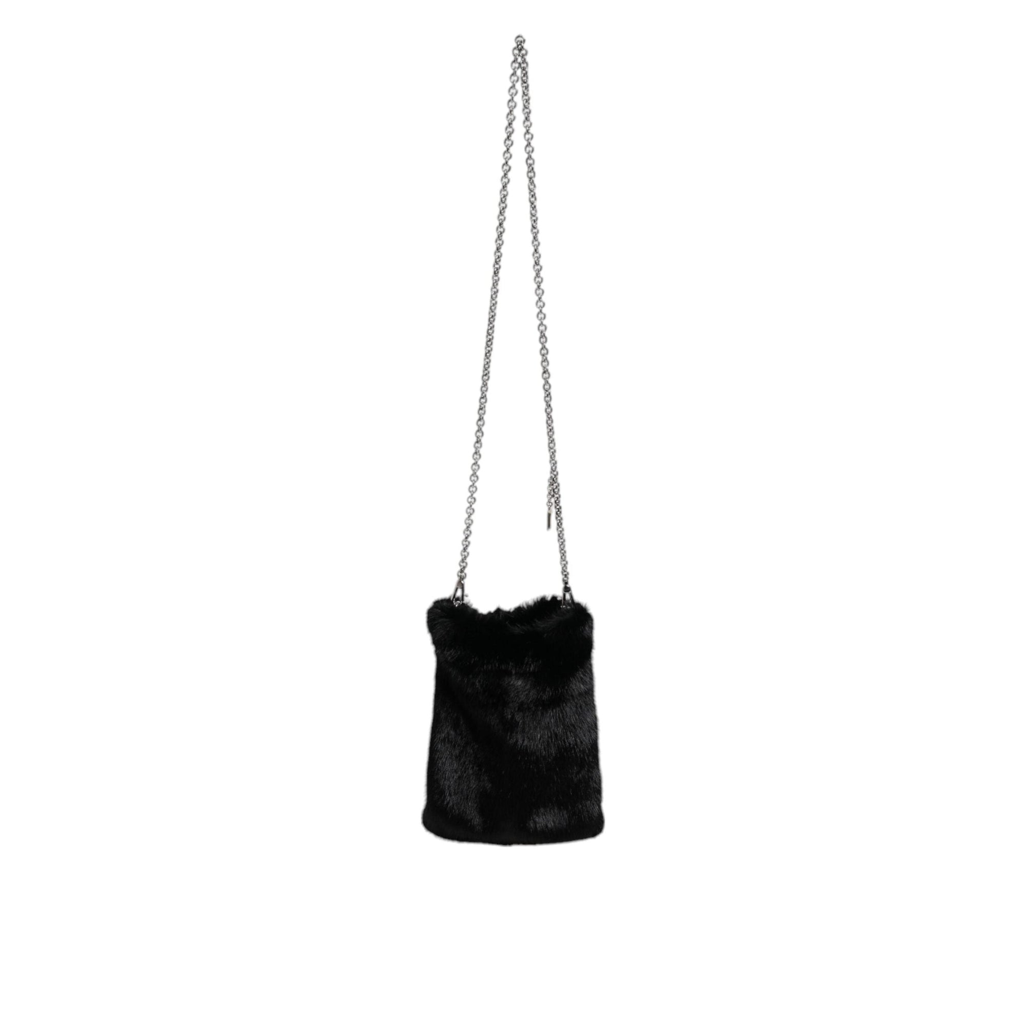 Dolce & Gabbana Black Faux Fur Silver Chain Crossbody Shoulder Purse Bag