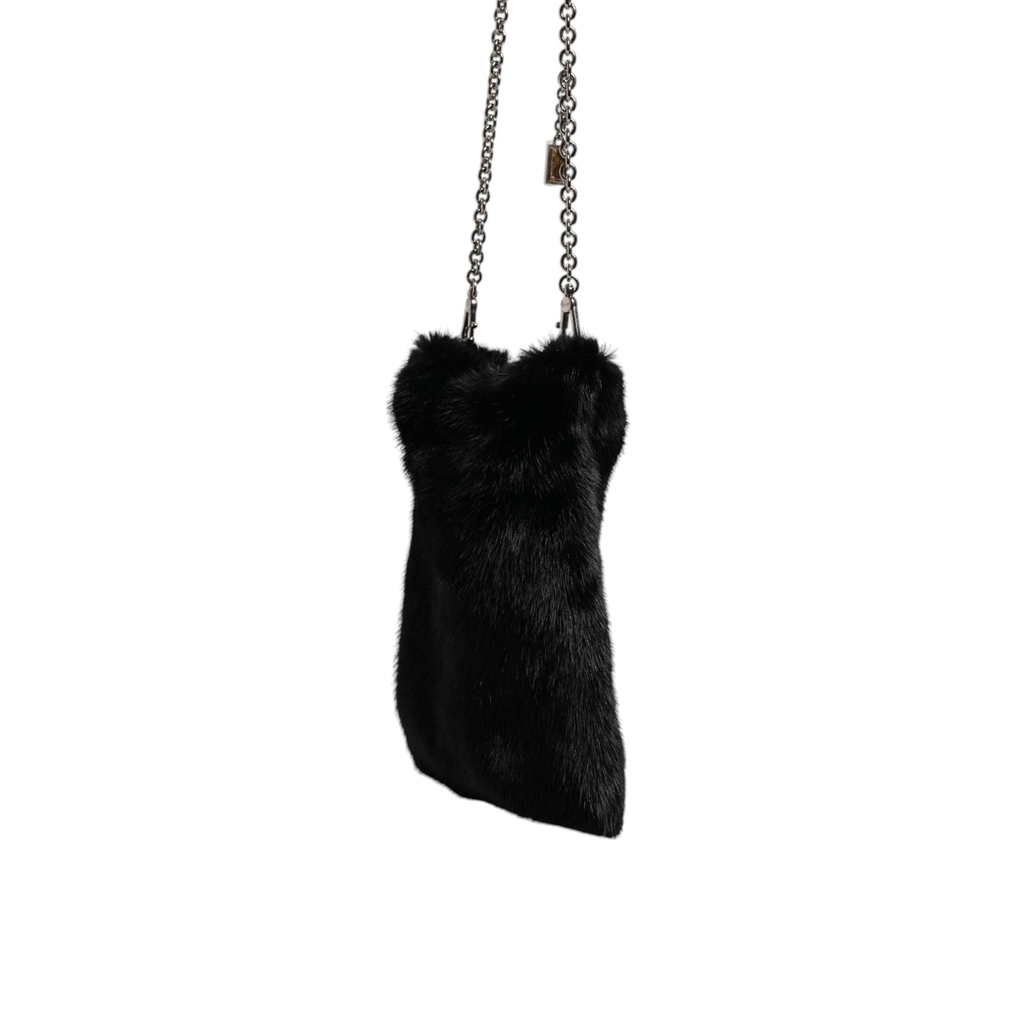 Dolce & Gabbana Black Faux Fur Silver Chain Crossbody Shoulder Purse Bag