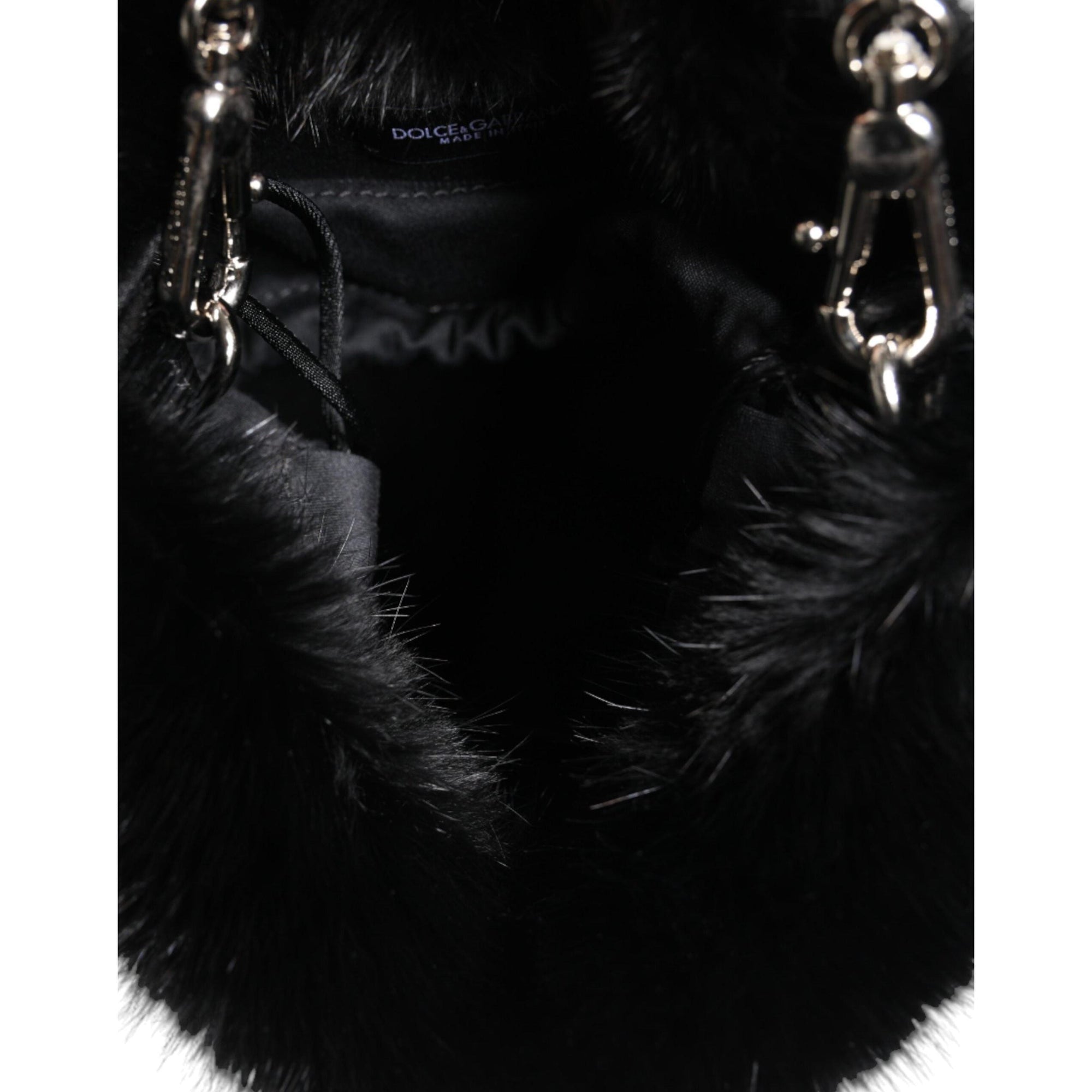 Dolce & Gabbana Black Faux Fur Silver Chain Crossbody Shoulder Purse Bag