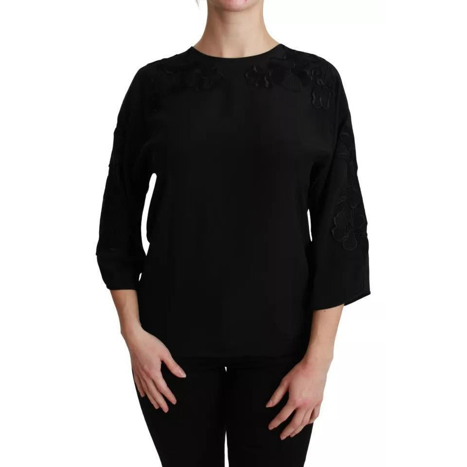 Dolce & Gabbana Black Floral Embroidered Blouse Silk Top