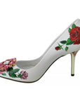 Dolce & Gabbana White Leather Roses Crystal Pumps Shoes