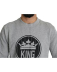 Dolce & Gabbana Gray Crown King Print Cotton Pullover Sweater