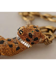 Dolce & Gabbana Gold Brass Chain Crystal Pearl Leopard Pendant Necklace