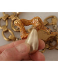 Dolce & Gabbana Gold Brass Chain Crystal Pearl Leopard Pendant Necklace