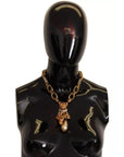 Dolce & Gabbana Gold Brass Chain Crystal Pearl Leopard Pendant Necklace