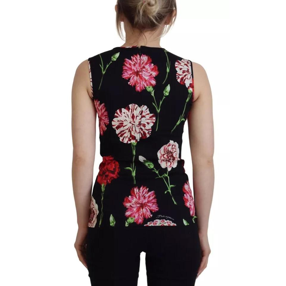 Dolce & Gabbana Black Floral Sleeveless Tank Top Silk Blouse