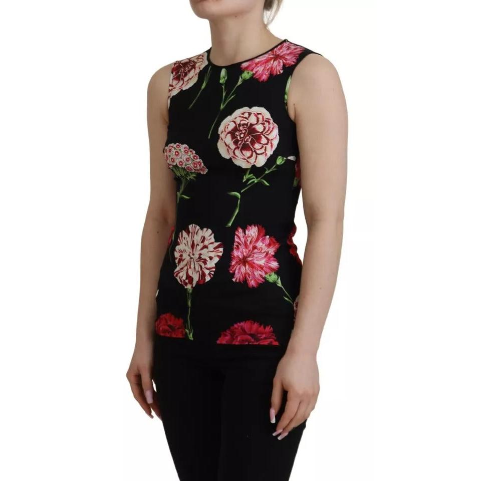 Dolce & Gabbana Black Floral Sleeveless Tank Top Silk Blouse