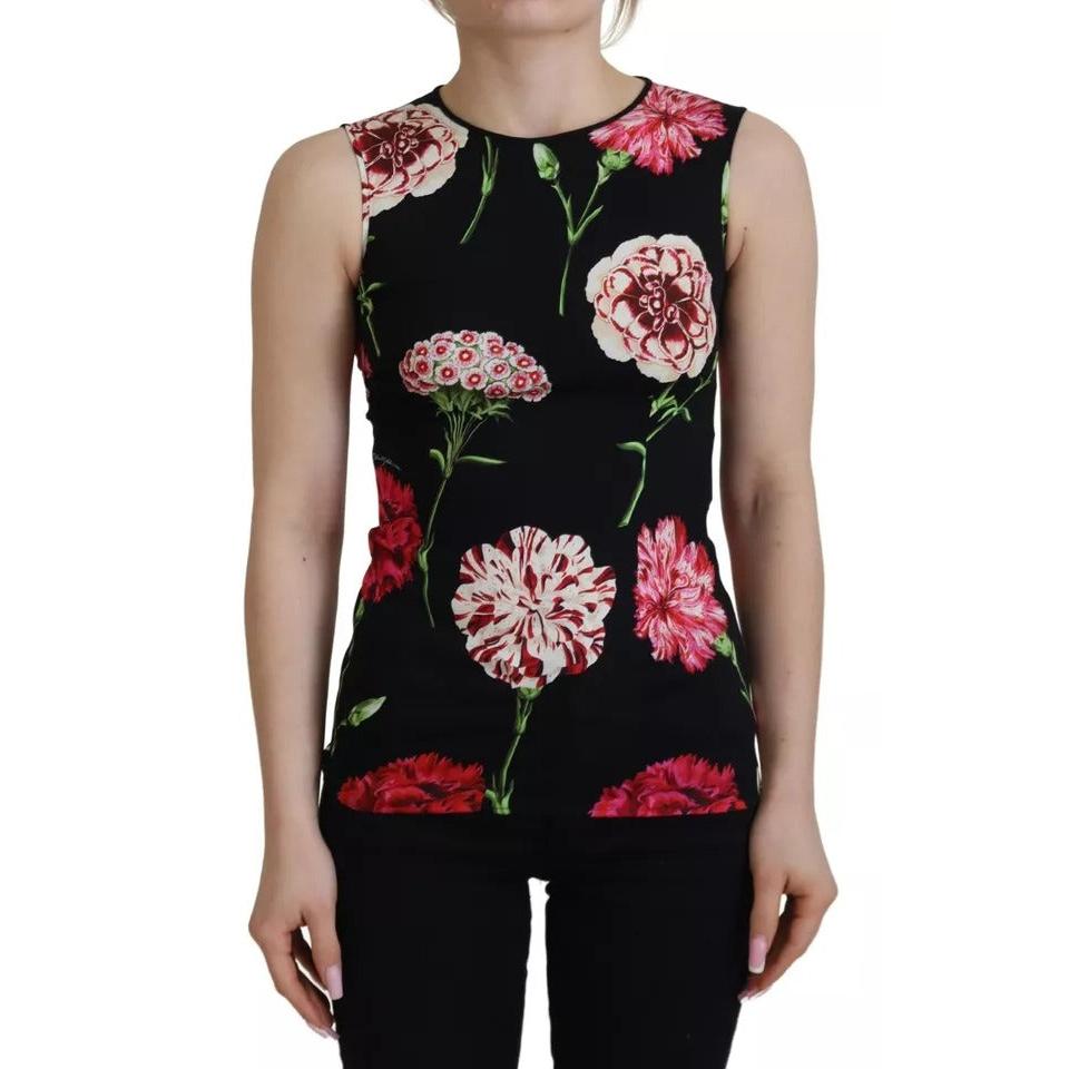 Dolce & Gabbana Black Floral Sleeveless Tank Top Silk Blouse