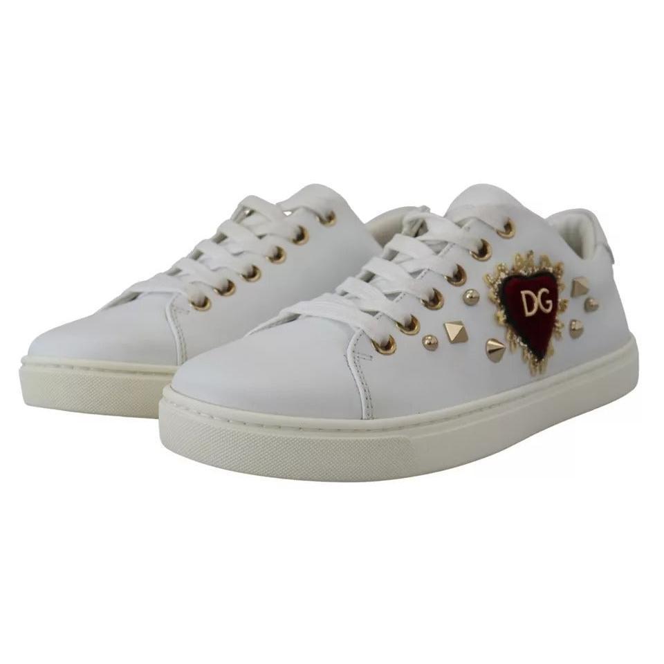 Dolce & Gabbana White Leather Gold Red Heart Sneakers Shoes